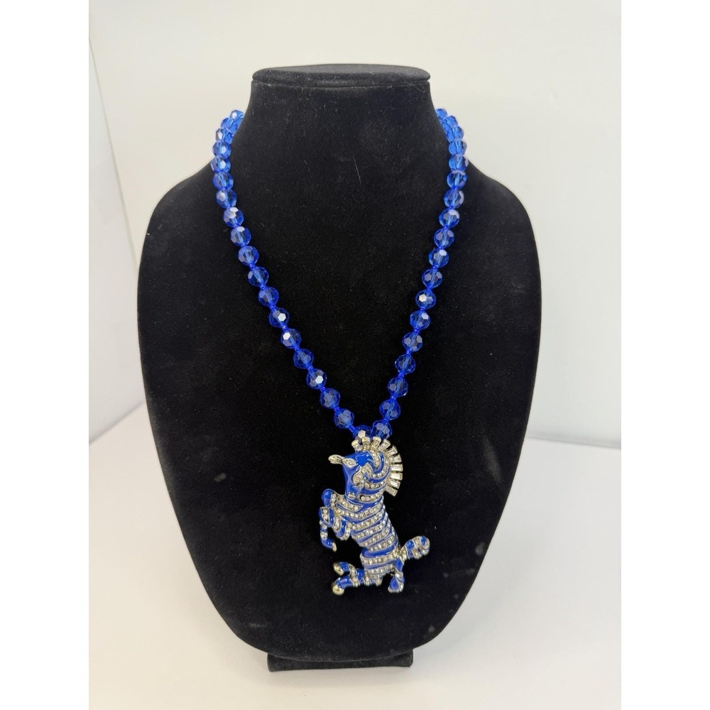 Blue Rearing Horse Zebra Enamel Statement Necklace Rhinestone Beaded Animal